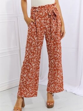 Rust Floral Leaf Print Paperbag Waist Wide Leg Pants with Matching Tie Belt